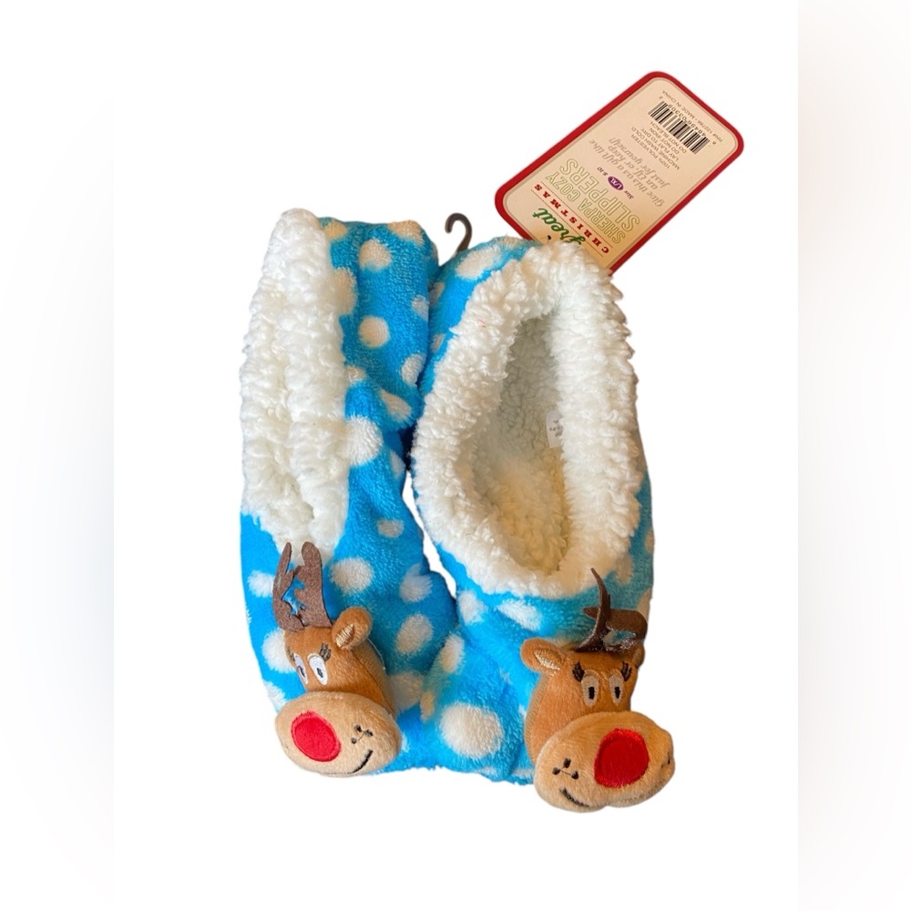 NWT- Juniors Blue Polka Dot Reindeer Christmas Sherpa Cozy Slippers